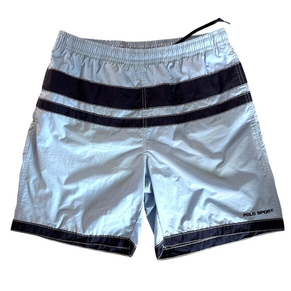 Polo Sport Vintage 90's Ralph Lauren Board Swim Trunks Blue Stripe Size Medium - Picture 2 of 10